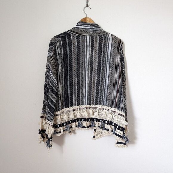 Zara navy blue cream tassel embellished stripe cotton open front cardigan - Picture 6 of 7